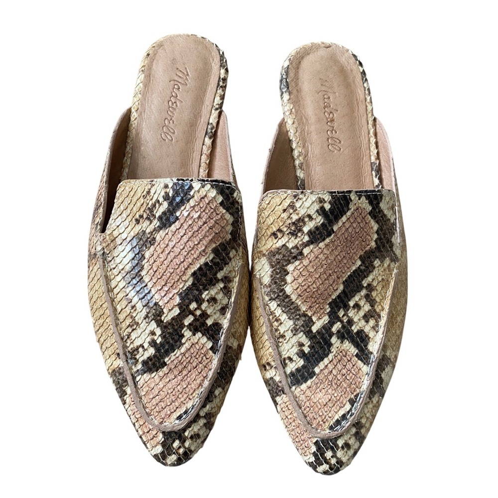 Madewell Mule Loafers Womens 7.5 Tan Snakeskin Embossed Leather Pointed Toe